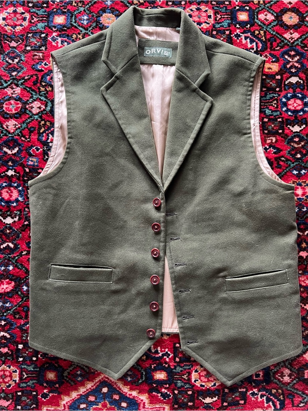 Orvis Olive Green Men's Cotton Vest with Notch Lapel